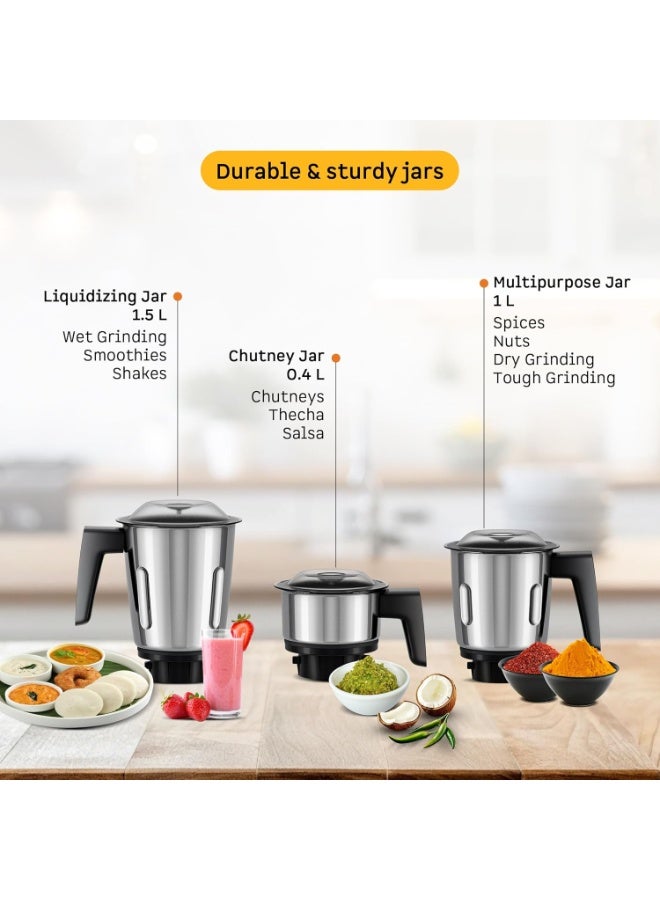 Atomberg Xiana 750 Watt Mixer Grinder | 3 Multipurpose Stainless Steel Jars | Coarse Mode for Silbatta-like Textures | Powerful Intelligent Motor | Easy Fault LED Indication | Gloss Black - Image 3